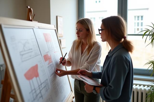 Interiørdesigner som tegner skisse og diskuterer med kunde i et lyst studio